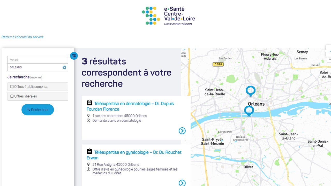 Capture écran Annuaire régional de téléexpertise - GIP e-Santé Centre-Val de Loire
