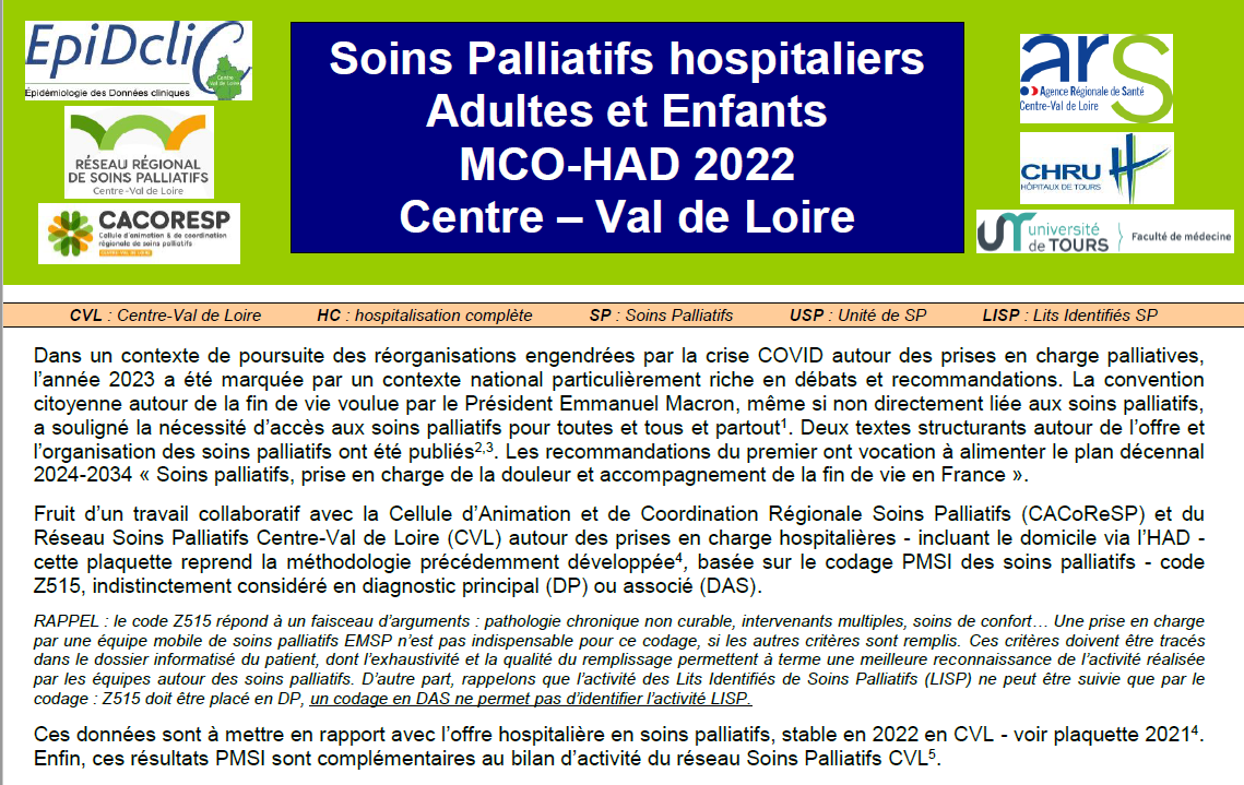Soins Palliatifs hospitaliers en Centre-Val de Loire, Adultes et Enfants MCO-HAD 2022